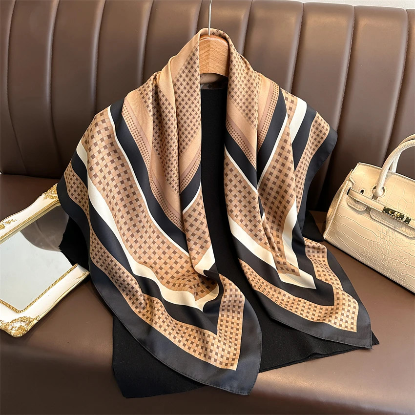 90CM  Twill Silk Square Hair Scarf for Women Summer Sunscreen Kerchief Hijab Bandanda Female Shawl Wraps Beach Stoles Echarpe
