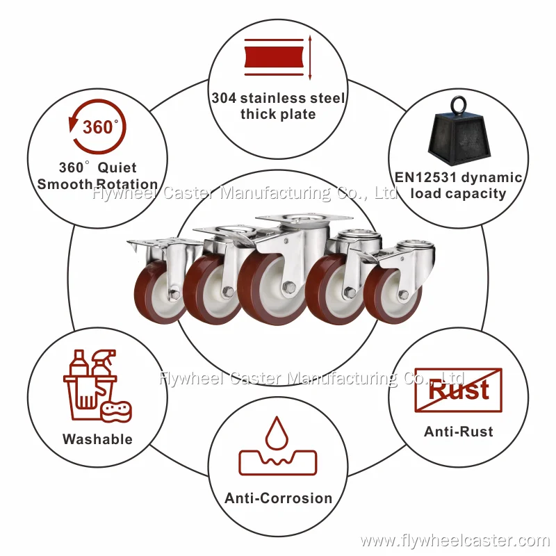 Total brake stainless steel industrial castor plate swivel caster wheel 3 / 4 / 5 inch Nylon core PU solid trolley wheel