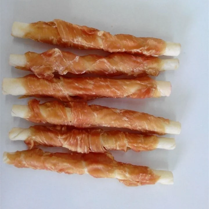 Top selling made by natural chicken meat for pet dog food of chicken jerky wrapped bleached rawhide
