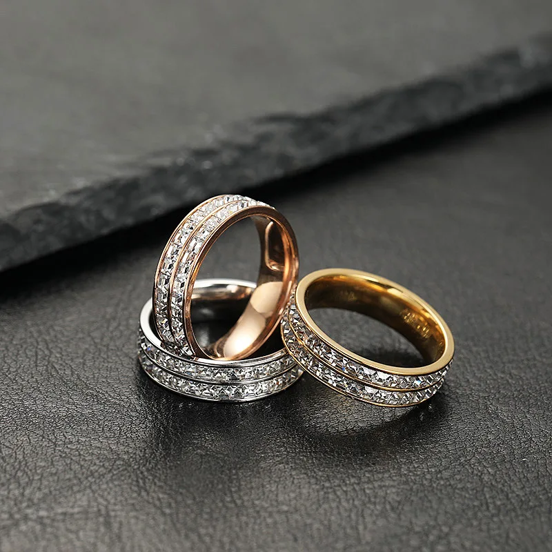 Wholesale Luxury Fashion Stainless Steel 6mm Crystal Rings Jewelry Men Male Women Ladies Titanium Steel Couple Ring Jewellery
