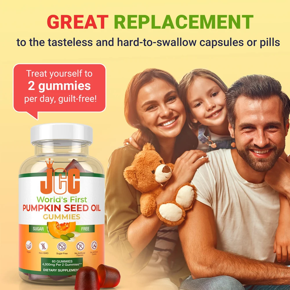 Private label Natural Pumpkin Seed Oil Supplement Gummies with Omega 3 & 6 Boost Metabolism and Hair Skin Health gummies