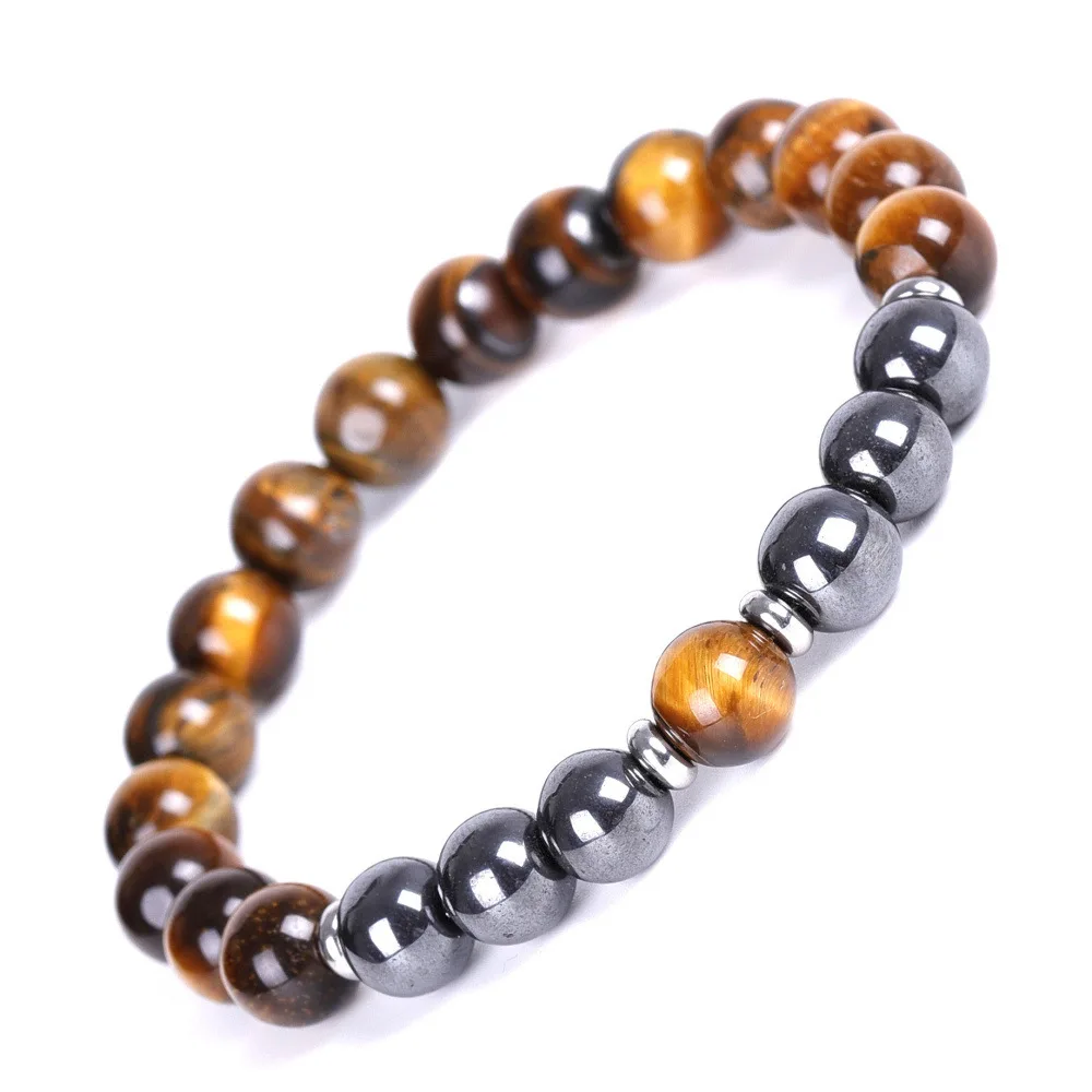 Couple Fashion Beaded Bracelets Black Iron Ore & Stainless Steel Blue Sandstone Colorful Tiger Eye Stone Black Blue Color Scheme