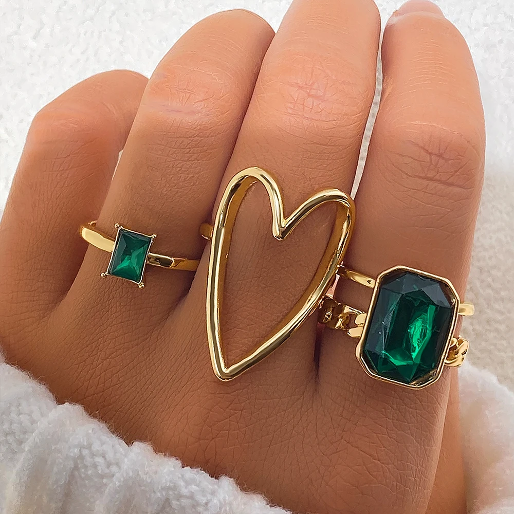Wholesale New fashion green Stone butterfly snake Gold ring set for women Jewelry Heart Diamond Finger knuckle rings Set
