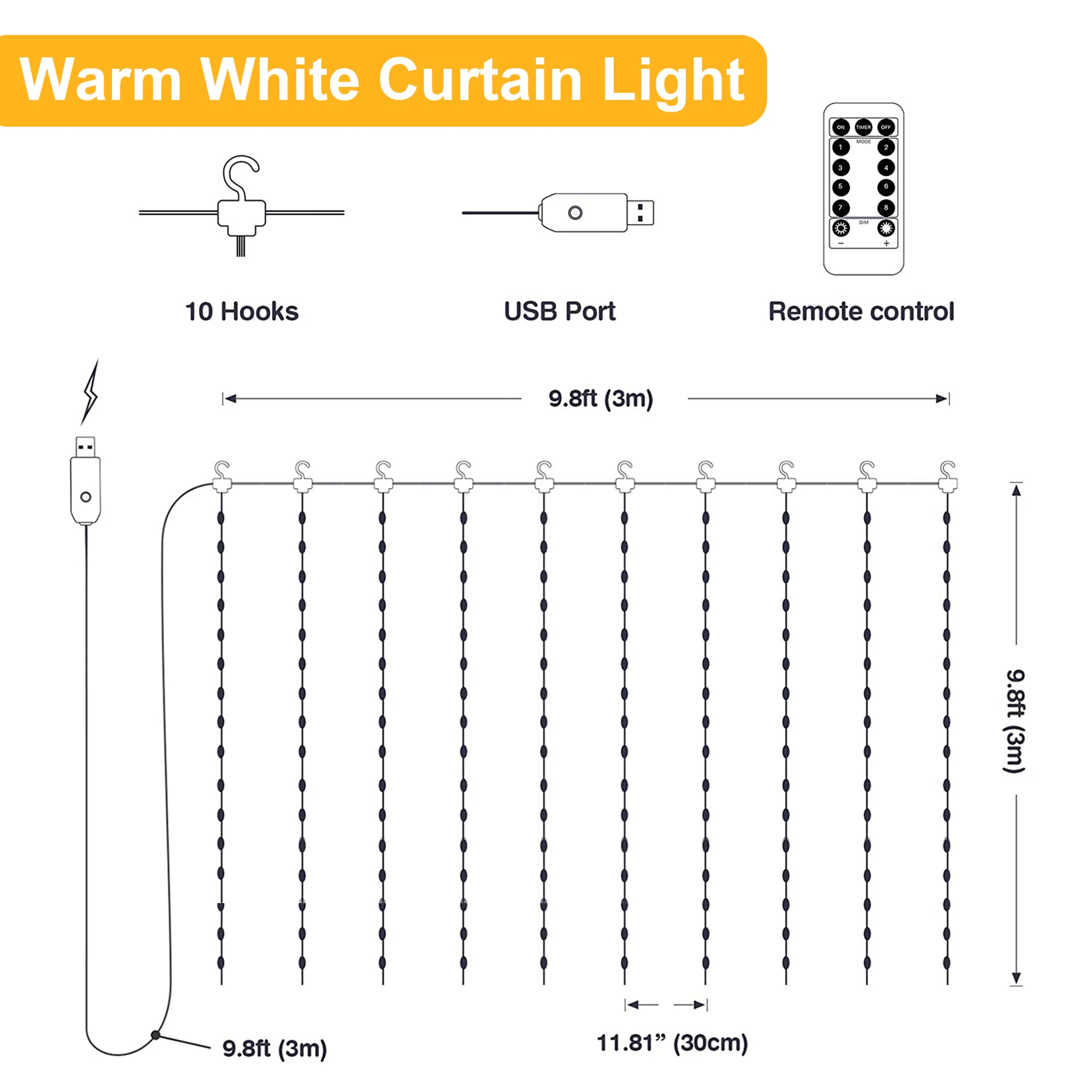 Yiliang Decoration 8 Lighting Modes Fairy Lights 300 LED Remote Control Window Curtain Lights for Bedroom Party Wedding