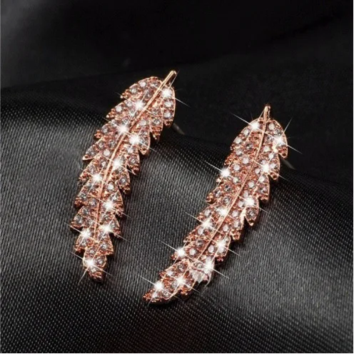 Trendy CZ Crystal Leaf Feather Earrings Ear Climber Stud Earrings For Women Everyday Jewelry Ear Cuff Piercing Bronics