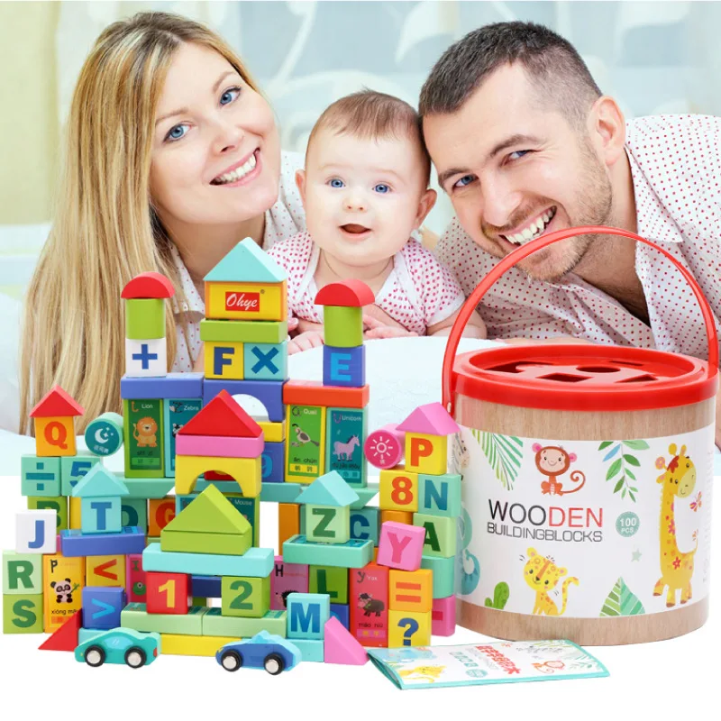 Wholesale Wooden Building Blocks Toy 100 Pieces Bucket Set with Numbers and Letters Educational Early Learning Toys Dropshipping