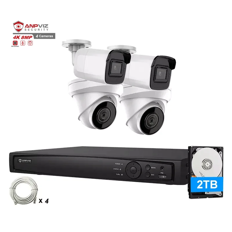 Anpviz 4K camera Security system 8CH POE NVR install 2TB HDD 2pcs 4K Bullet & 2 pcs 4K Turret POE camera IP67 Audio Recording