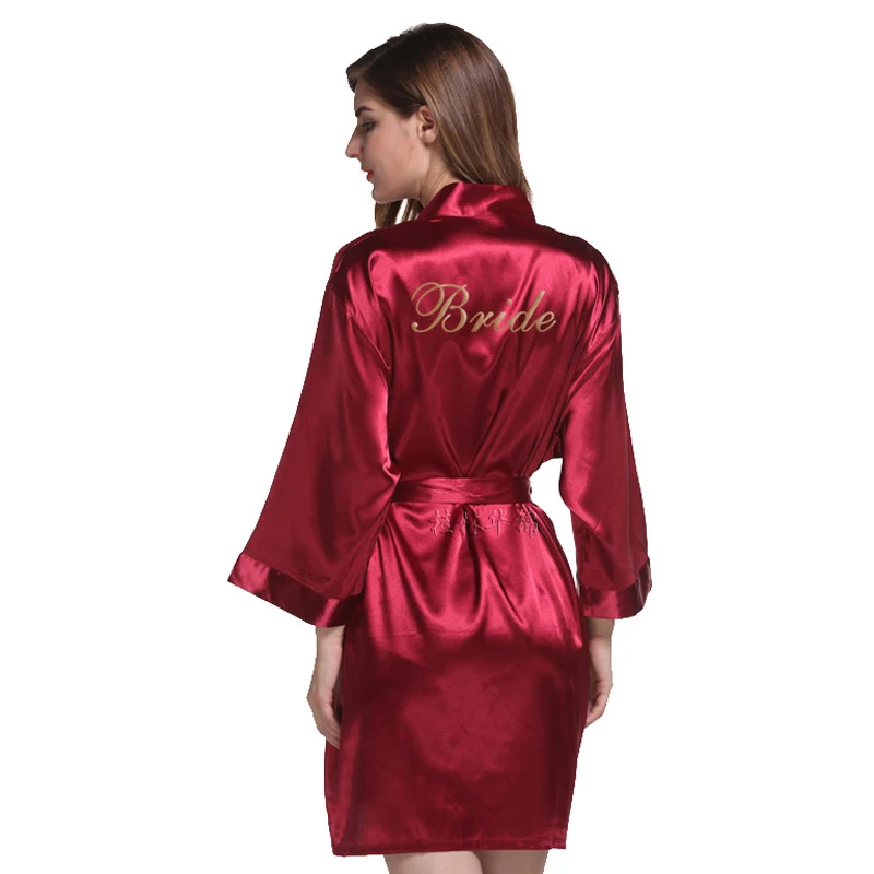 WITHOME13 Hot sale gold-printed bride bridesmaid wedding dressing gown solid color satin silk nightgown morning robe