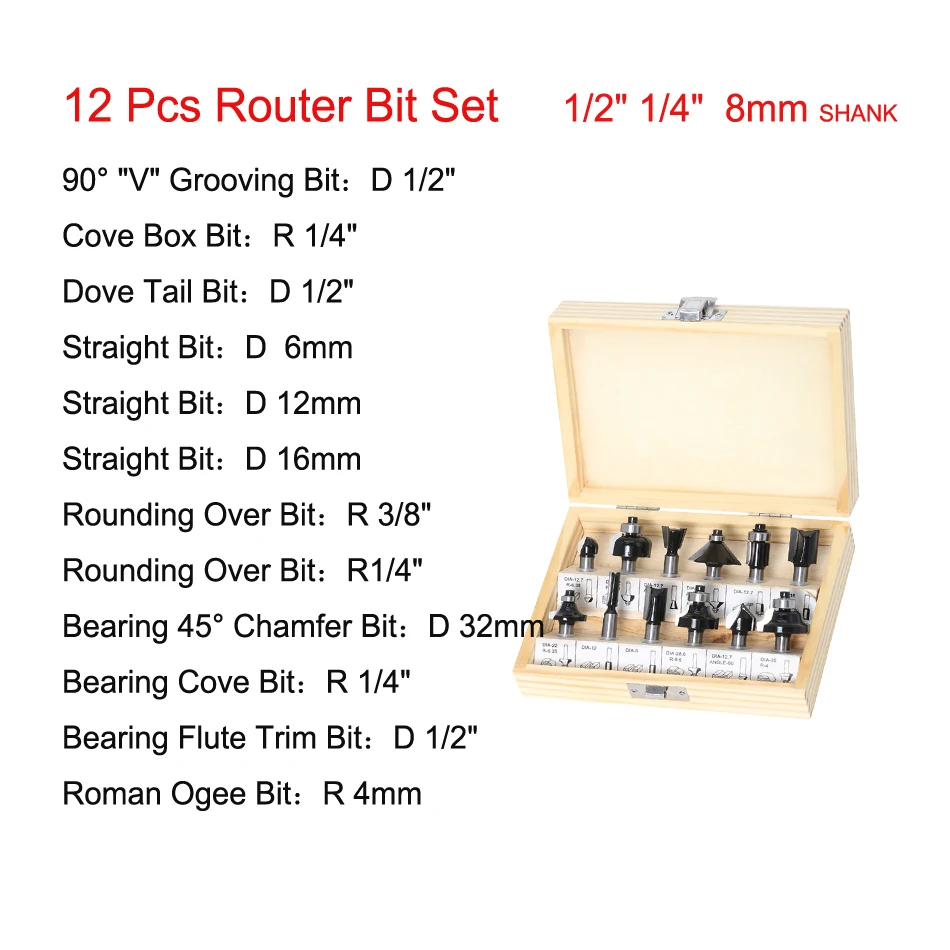 Alpha Dropshipping 12pcs cnc carbide router wood cutting bits set milling cutter for wood