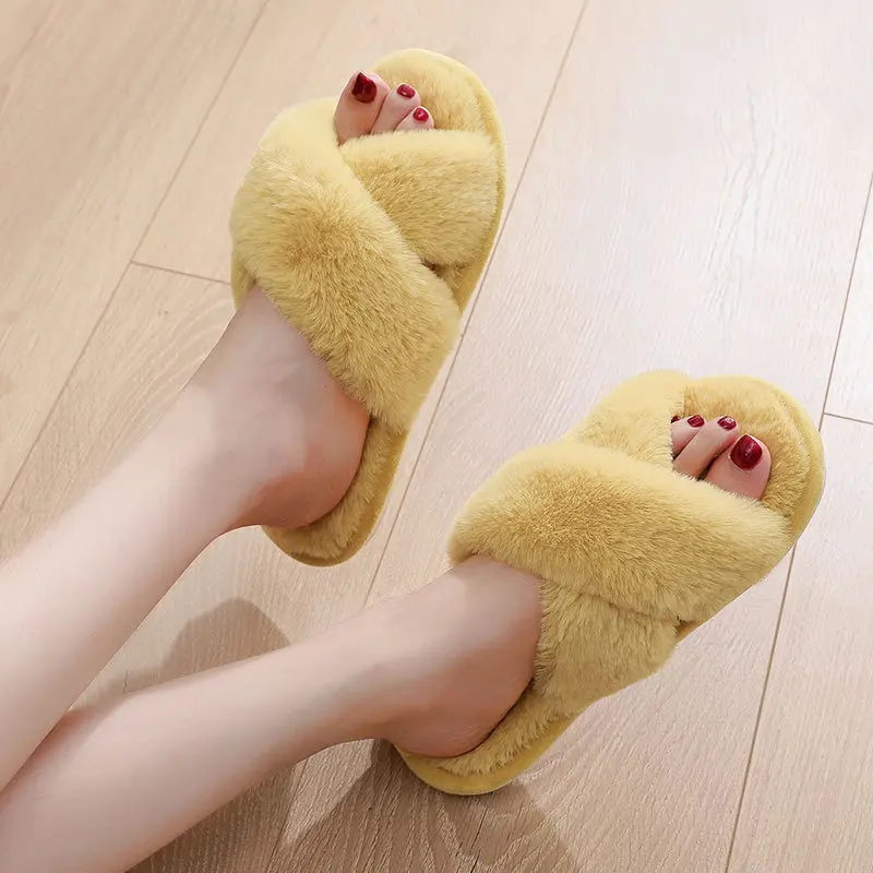 Custom logo Promotion Gift Women Winter House Furry Slippers Home Warm Shoes Ladies Cross Soft Plush Furry Indoor Slippers
