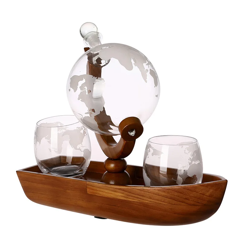 Custom 1000Ml World Globe Whiskey Decanter With Creative Wooden Boat Tray Fancy Whiskey Dispenser Globel Gift Set