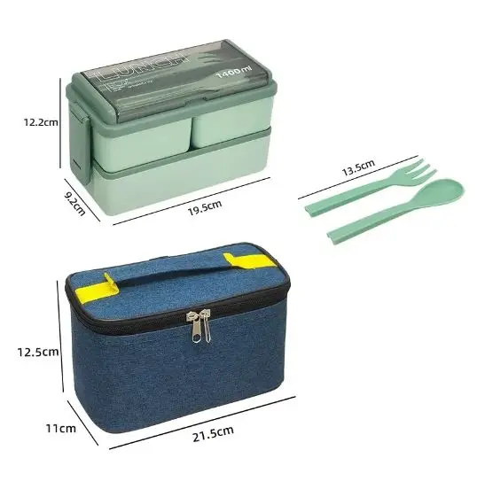 Double Layers Stackable 1400ml Children Cutlery Portable Plastic School Bento Kids Lunch Box Set With Bag