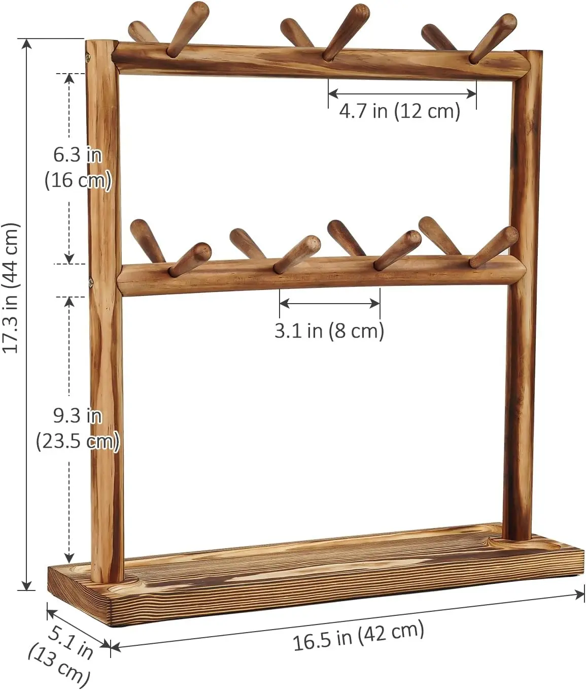 Mug Holder Coffee Cup Shelf for Counter, 2 Tier Wood Mug Tree Stand Organizer with 14 Sturdy Hooks and Storage Base,