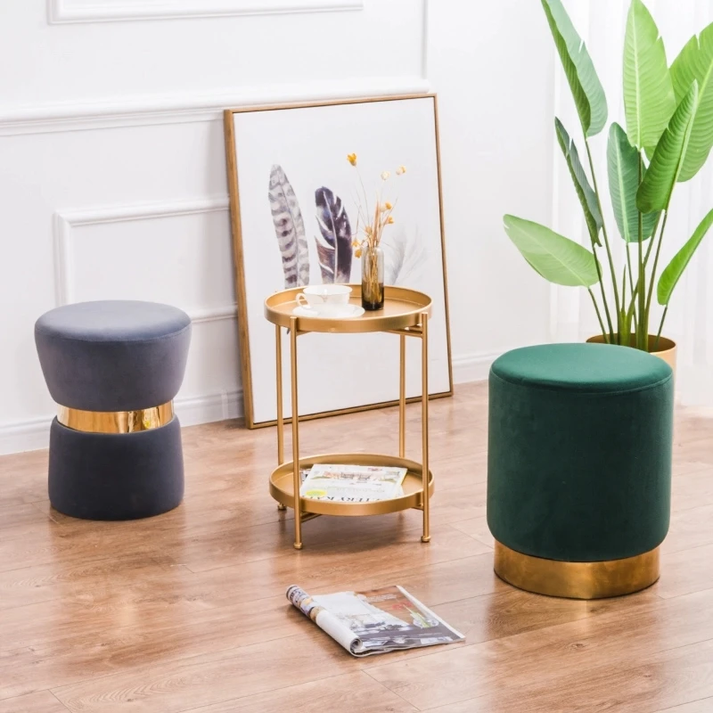 
Home Furniture Golden Metal Base Stool Modern Interior Velvet Pouf Moroccan 