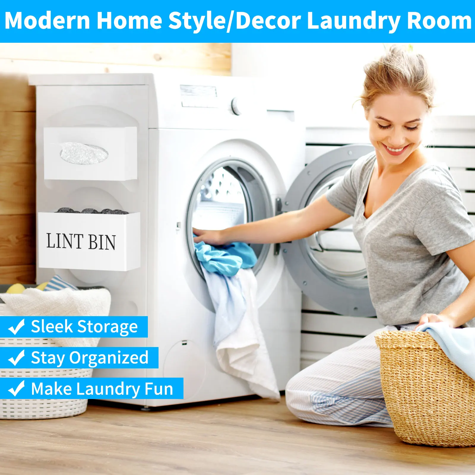 Magnetic Lint Bin Storage with dryer sheet dispenser holder and Lint Brush Laundry Room Organization Set