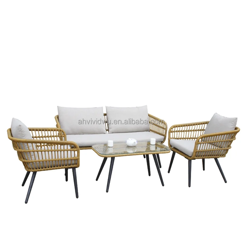 Wicker Settee Set Kd Exterior Porch Backyard Outdoor Cane Wicker Lounge Lounger Corner Patio Rattan Garden Sofa Set Love Style
