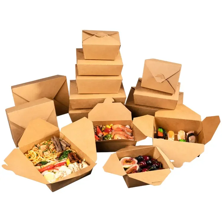 Disposable Waterproof Fast Food Packing Takeaway Take Out Snack Lunchbox Kraft Paper Food Containers Box Packaging