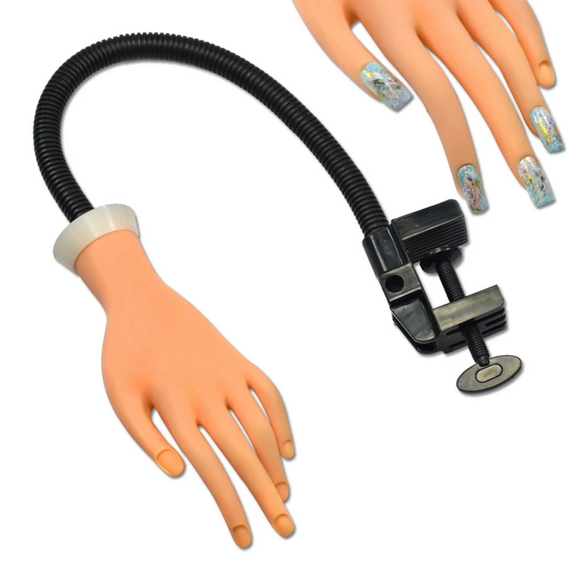 Professional Nail Practice Model Flexible False Hand with Rotating Holder Stand Adjustable Soft Movable DIY Manicure Tool