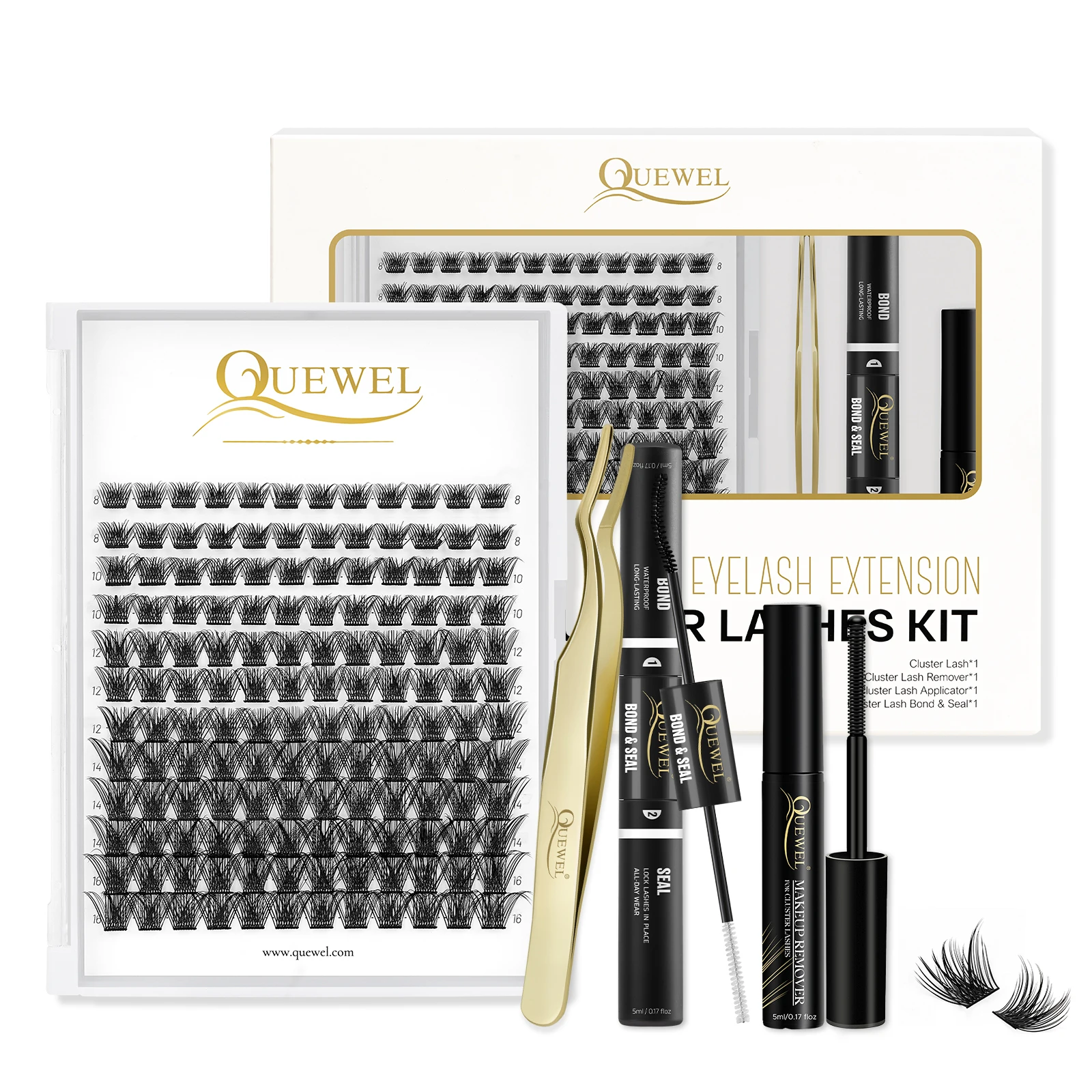 DIY Lash Extensions Kit Clusters Eyelash 144 Pcs Golden Lashes Tweezers Eyelash Clusters Bond and Seal Waterproof Cluster Lash