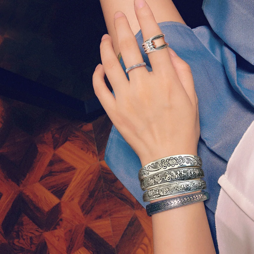 Vintage Thai Silver Elephant Flowers  birds Cuff Bracelet Ethnic Wide Animal Bangles For Women Men Jewelry Accessories