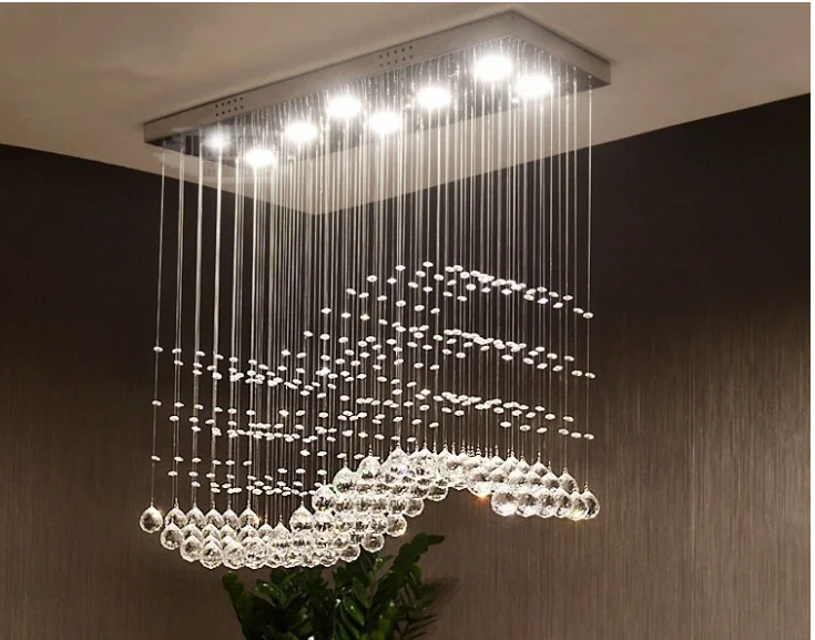 Modern LED Crystal Ceiling Pendant Light Rectangular Raindrop Wave Crystal Chandelier