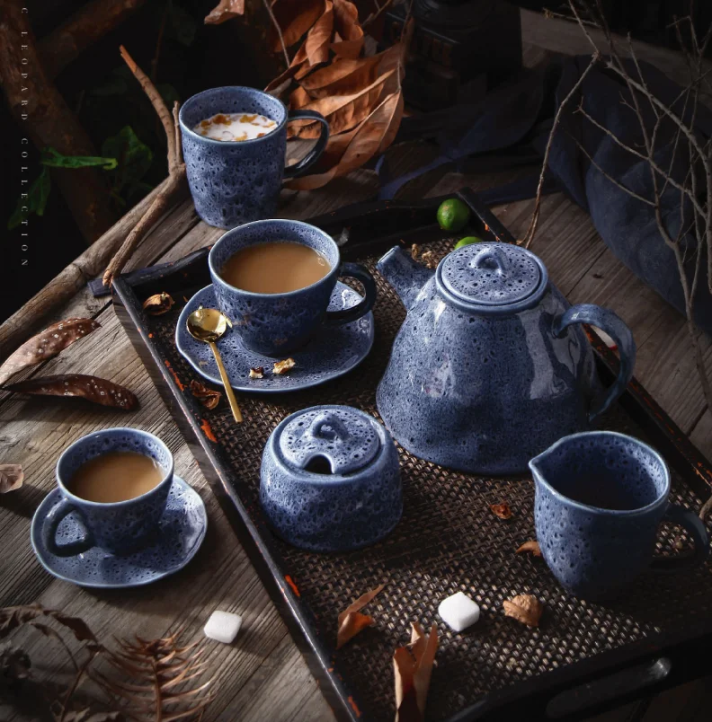 Restaurant unique glazed design coffe cup saucer tea pot set vintage tea set porcelain
