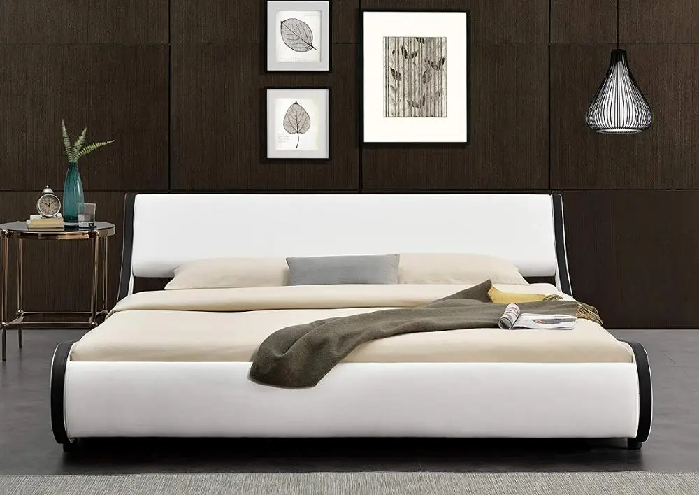 Modern Contemporary Wave Like Curve Upholstered Platform Bed Low Profile Naples faux leather bed frame