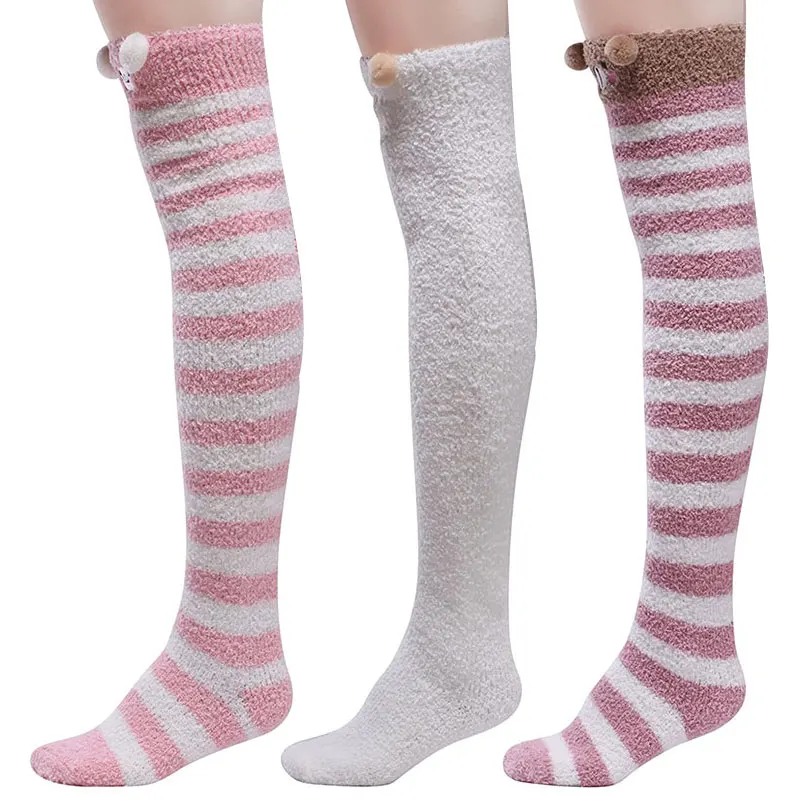Coral Velvet Thigh High Stockings Girls Striped Soft Warm Winter Socks Custom Over Knee High Fuzzy Socks for Women