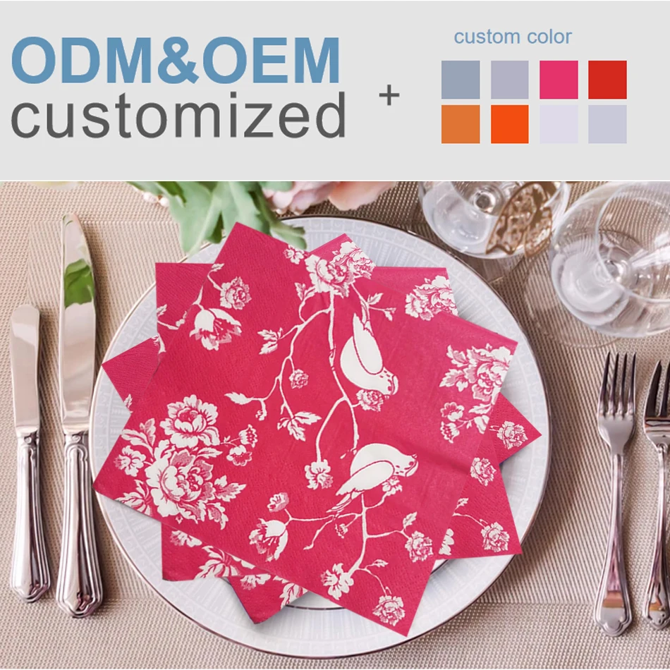 Anyou Disposable Printed Watercolor Soft Cocktail Paper Napkins With Red Floral Tissues for Wedding Spring Birthday Party Supply