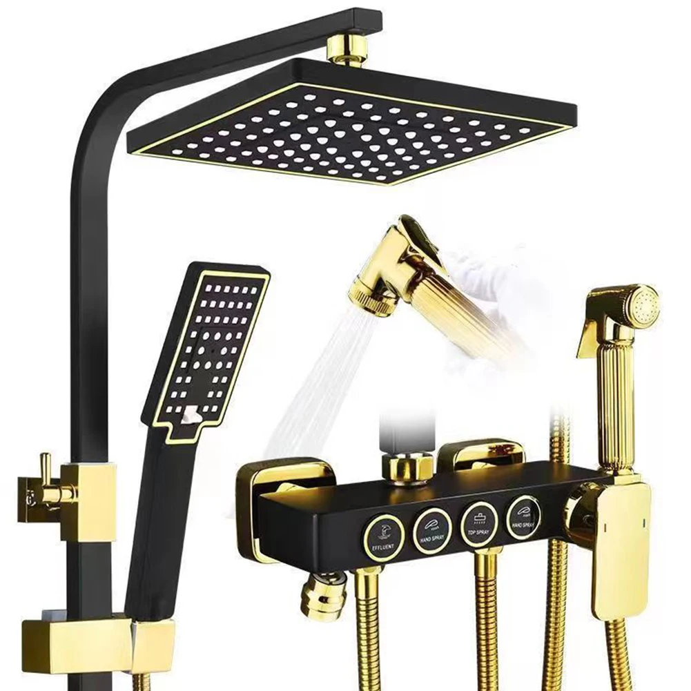 Bathroom Full Shower System Black Gold Bathing Luxury Shower Kit 4 Functions Shower Set