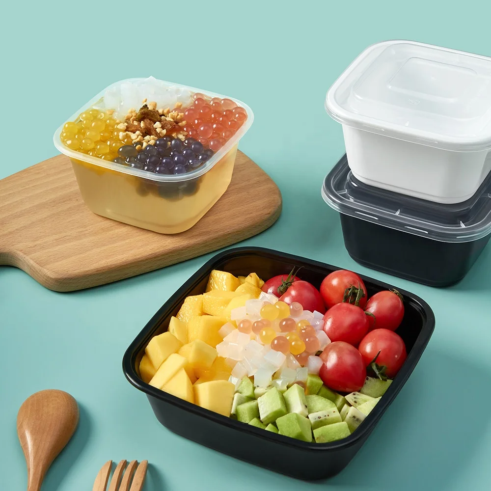 Rectangle disposable lunch square plastic box with lid packing container with lid for fruit salad noodle bento meal fast food