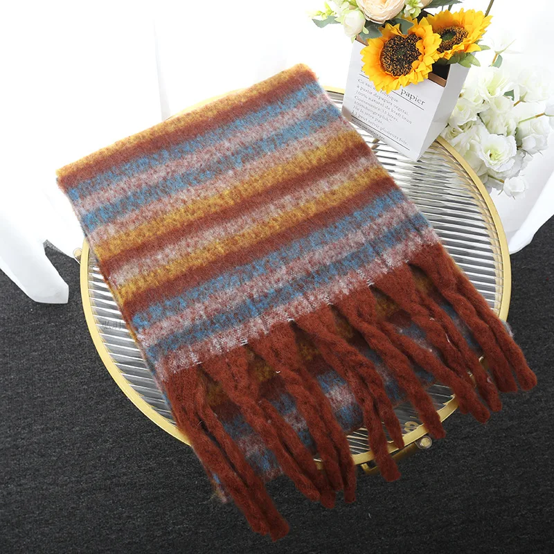 Landfond accessory Striped rainbow Warm scarf for women winter fashion shawl fringed thick mohair