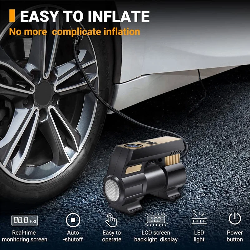 Air Compressor Tire Inflator 12V Portable Air Compressor w/ Digital Pressure Gauge LED Light Auto Tire Pump for Car Tire Bicycle