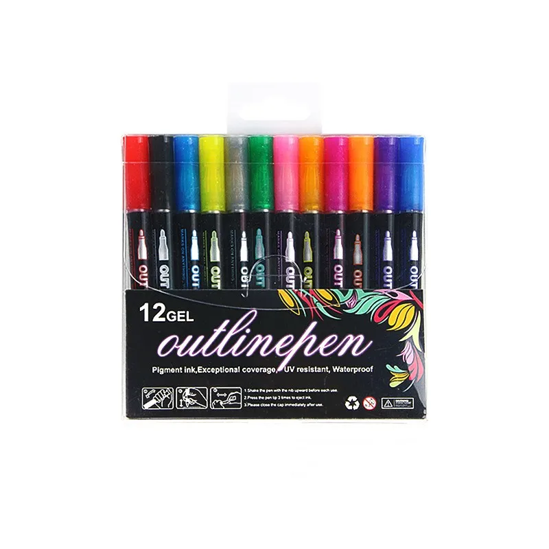 2023 Hot Sale Spot markers Card Graffiti Fluorescent Double Line Outline curve highlighter pen set