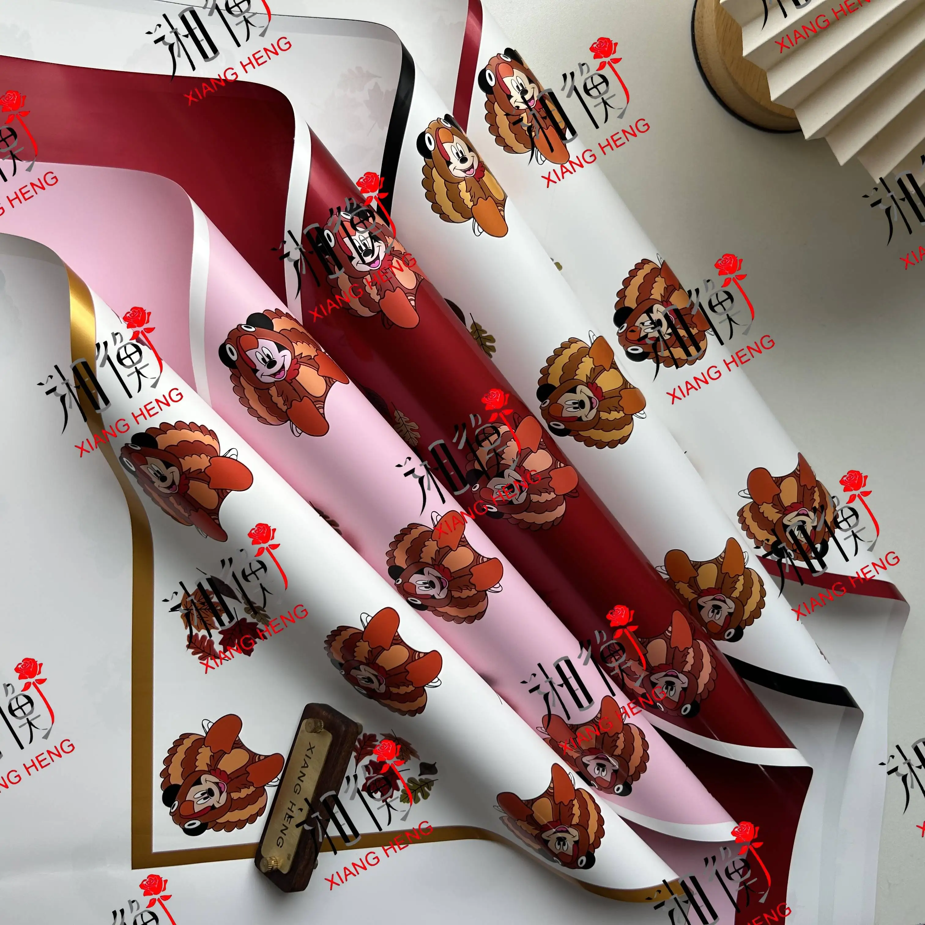 Thanksgiving Mickey Mouse & Turkey Opaque solid color with color border Flower Wrapping Paper Autumn Harvest Festival Decor