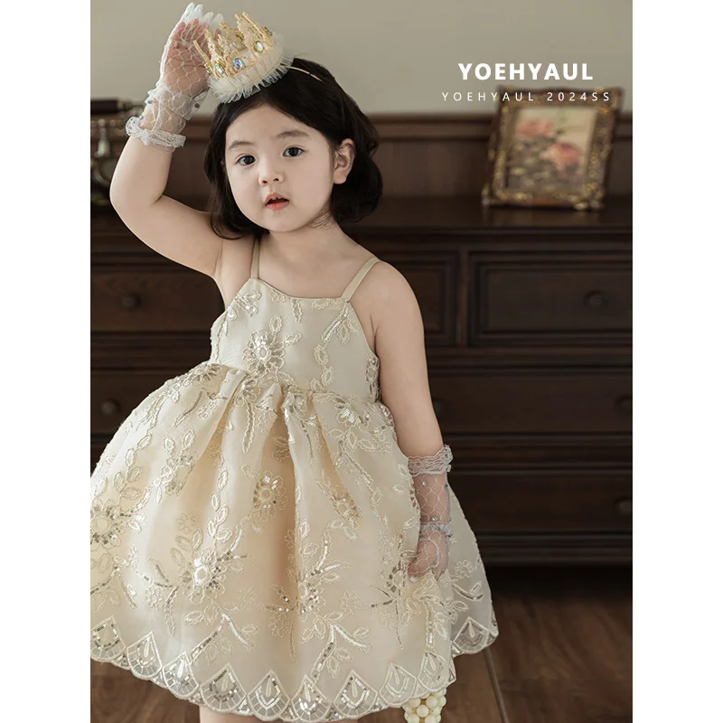 YOEHYAUL LX0290 Latest Design Sequin Gown Luxury Kids Flower Girl Dresses Wedding Kids Birthday Princess Children Party Frock