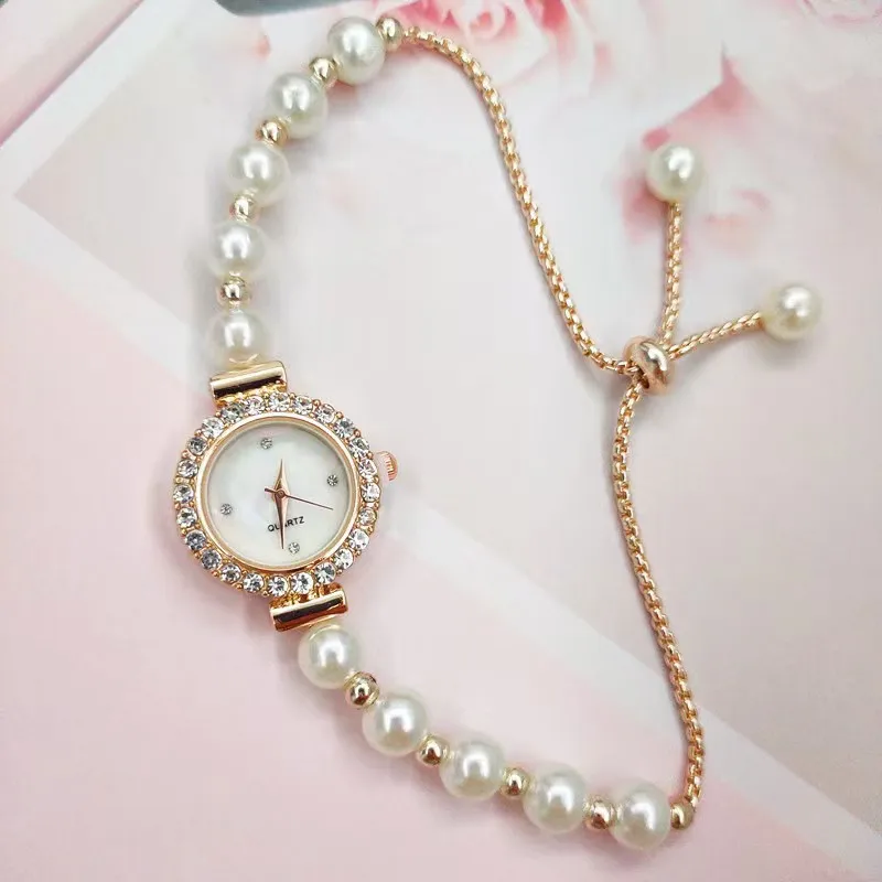 Trendy New Fashion Pearls and Watch with Diamonds Bracelets Ladies Watch Bracelet Pull Out Bracelet Wholesale