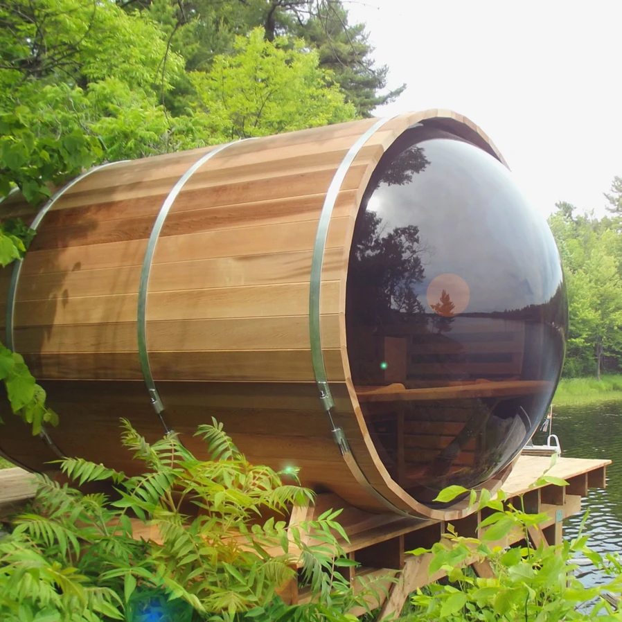 New Design Solid Wood Red Cedar Outdoor Barrel Sauna Room With Panoramic Window