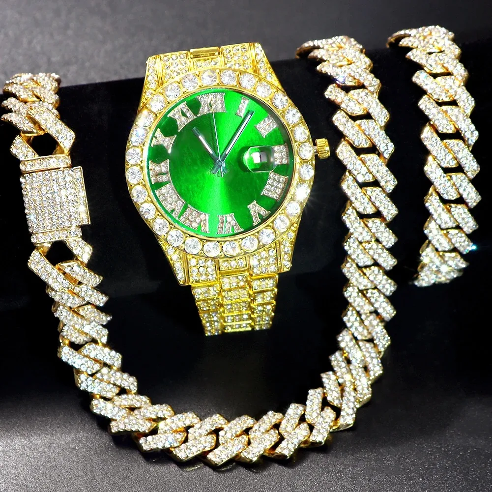 Hip Hop Watch+Bracelet+Necklace set Iced Out Watch For Men Cuban Chain Rapper Necklaces men watches Set Punk Party Jewelry Gift