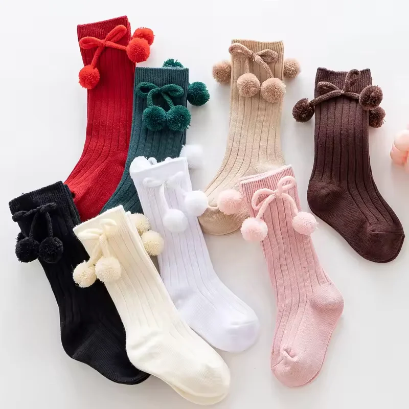 2024 New Stock 13 colors Spring knee high 200N combed cotton knitted ribbed pompom sweet children colorful kids baby socks