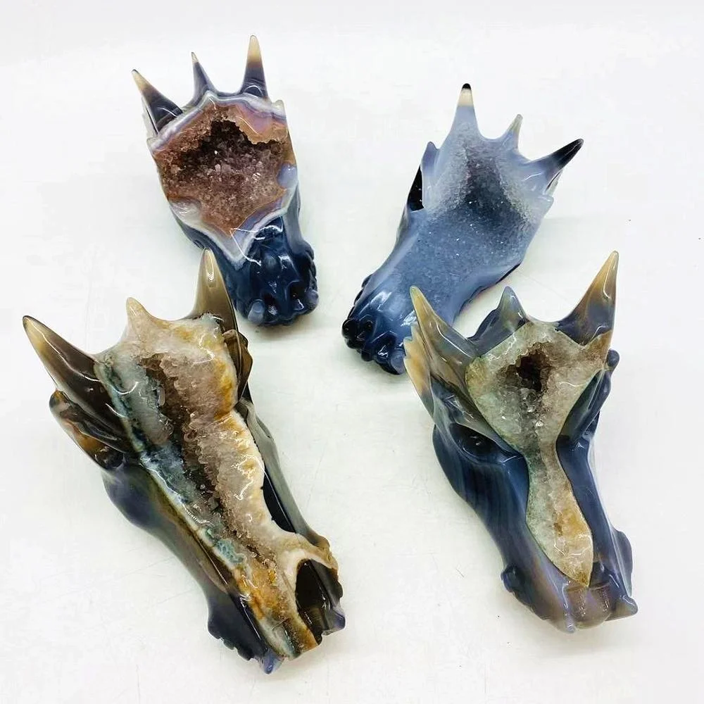 Wholesale Natural Carved Agate Geode Dragon Head Skulls Crystal Crafts Druzy Agate Dragon For Fengshui Decoration