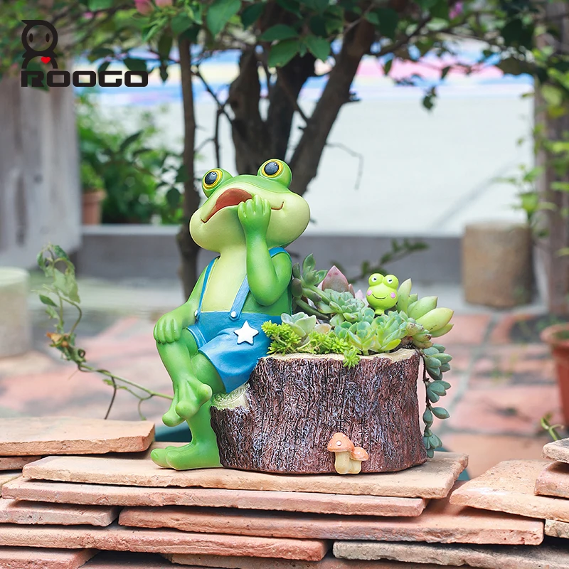 Roogo Figurine Frog Resin Succulent Small Flowerpot Handmade DIY Green Plant Potted Desktop Pen Holder Decoration  Gift Outdoor