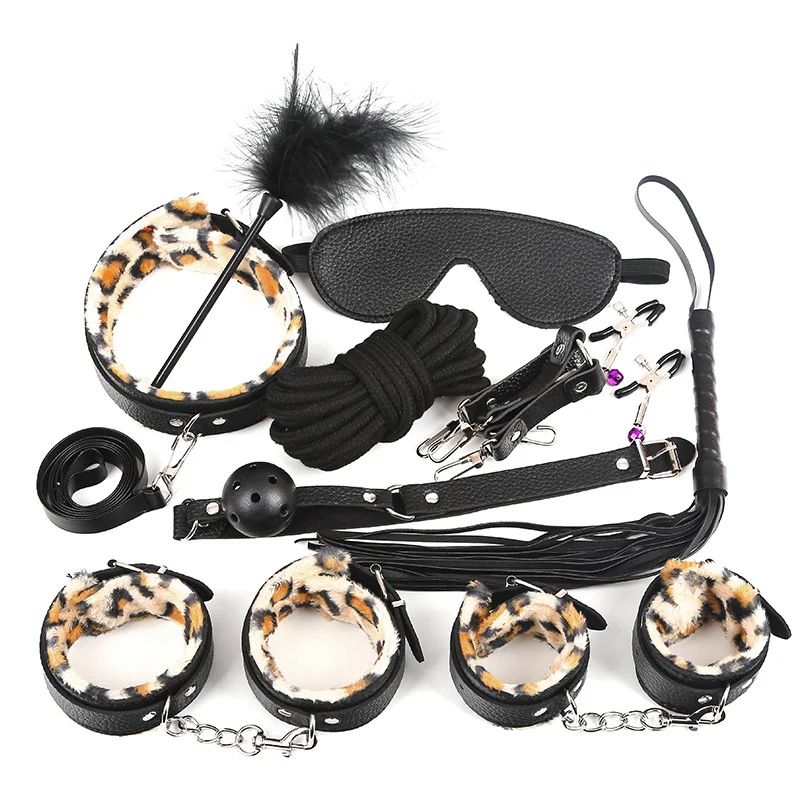 Sexy PU Leather 10 pieces Sex Kit Leopard Plush Handcuffs Couple Flirting Sex Porn Sex Restraints Bondage Toys