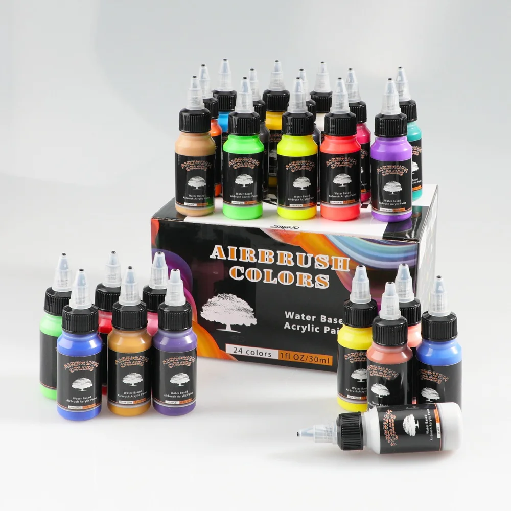 SAGUDIO Acrylic Airbrush Paint Kit Ready to Air brush Gun 24 Colors Pigment Set