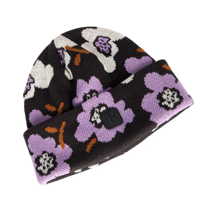 Sewingman 23SM4027 Custom Flower Jacquard Winter Knit Beanie hats with Cuff