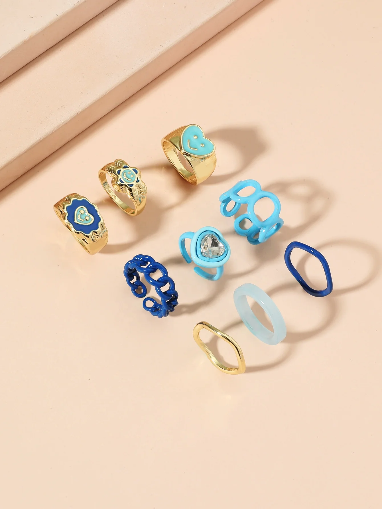 Cool blue resin ring non fading niche geometric ring love smile alloy index finger ring set