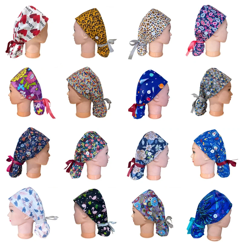100%cotton medical surgical cap nurse hair care  scrub cap beauty salon nursing cap with button scrub hats