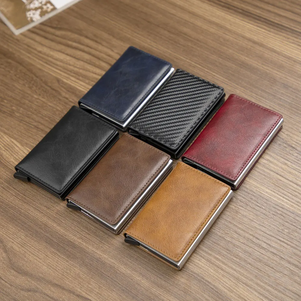 RFID Blocking Function PU Leather Automatic Pop Up Credit Card Holder Wallet With Metal Card Box