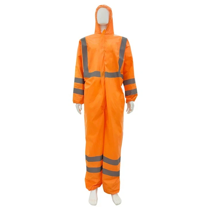 Wanli Safety Workwear EN14126 approved TYPE 56B Disposable White Orange Coverall/Workwear With Reflective Tape for wholesale