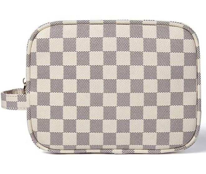 
Luxury Checkered Makeup handbags PU Leather Cosmetic Toiletry Travel bag for Woman 